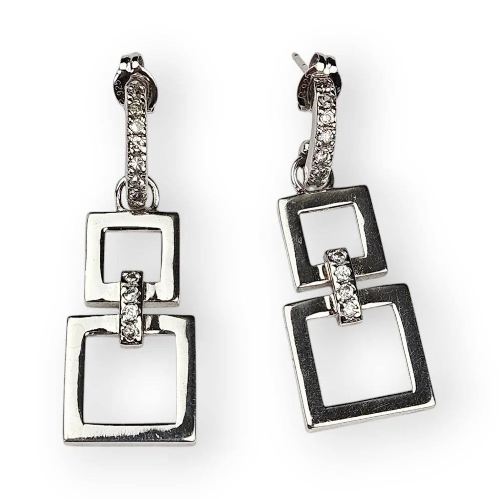 Sterling CZ Drop Post Earrings Rhodium Plated 925 Silver Double Square Prime Art